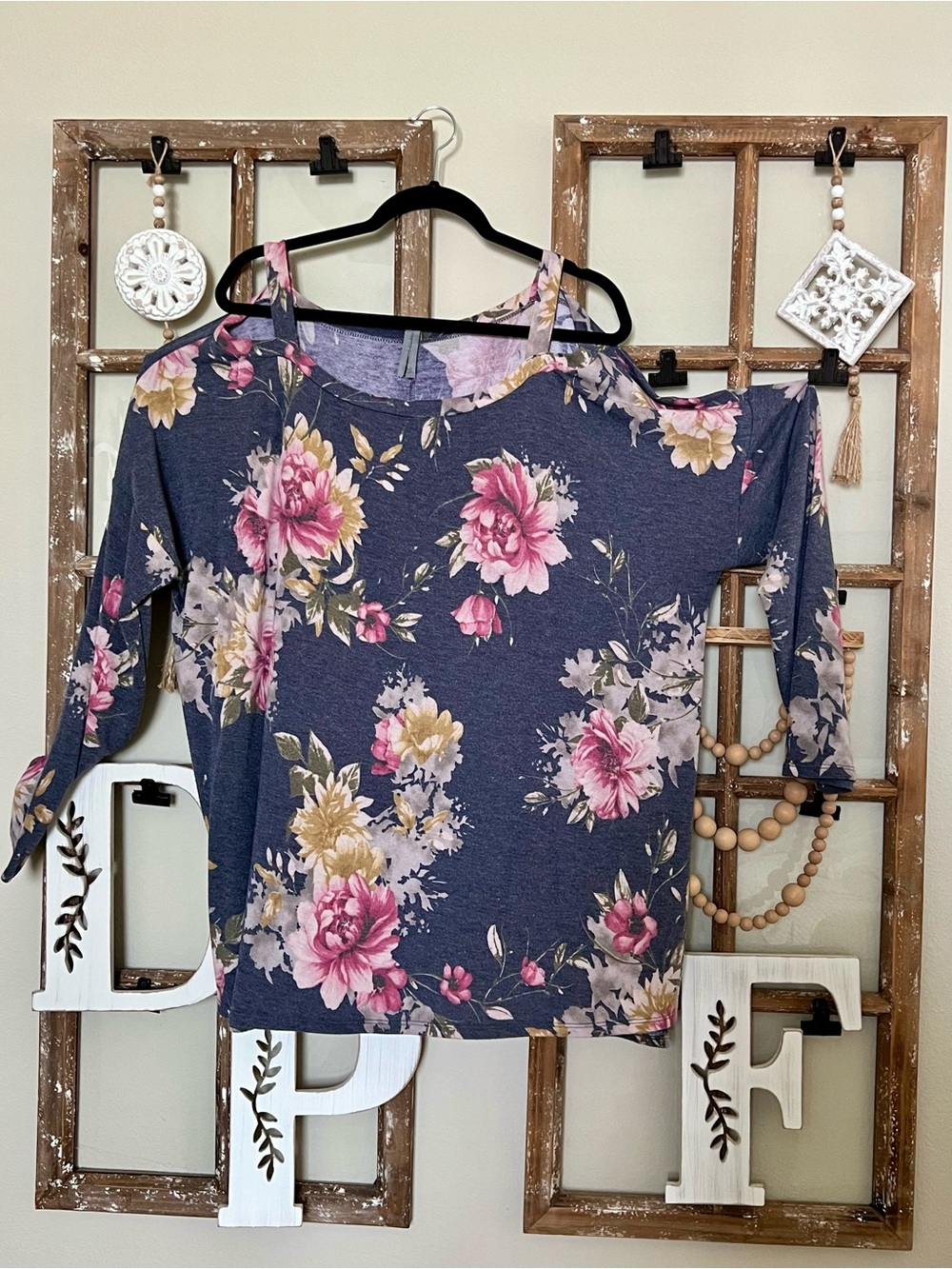 Floral Cold-Shoulder Women's Top - Navy with Pink Blossoms